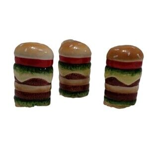 VTG Cheeseburger Salt Pepper Shakers With Toothpick Holder Set of 3 Ceramic 3"